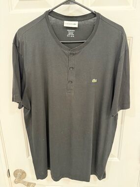 Lacoste Men's Black Short-Sleeve Henley with Green Croc